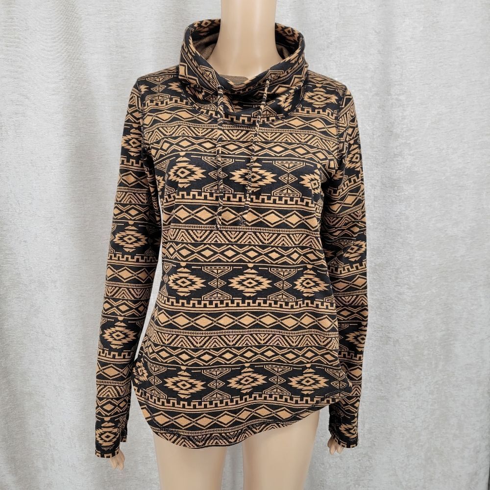 Kavu Skylar Cowl Neck Gold Black Southwestern Aztec Print Pullover